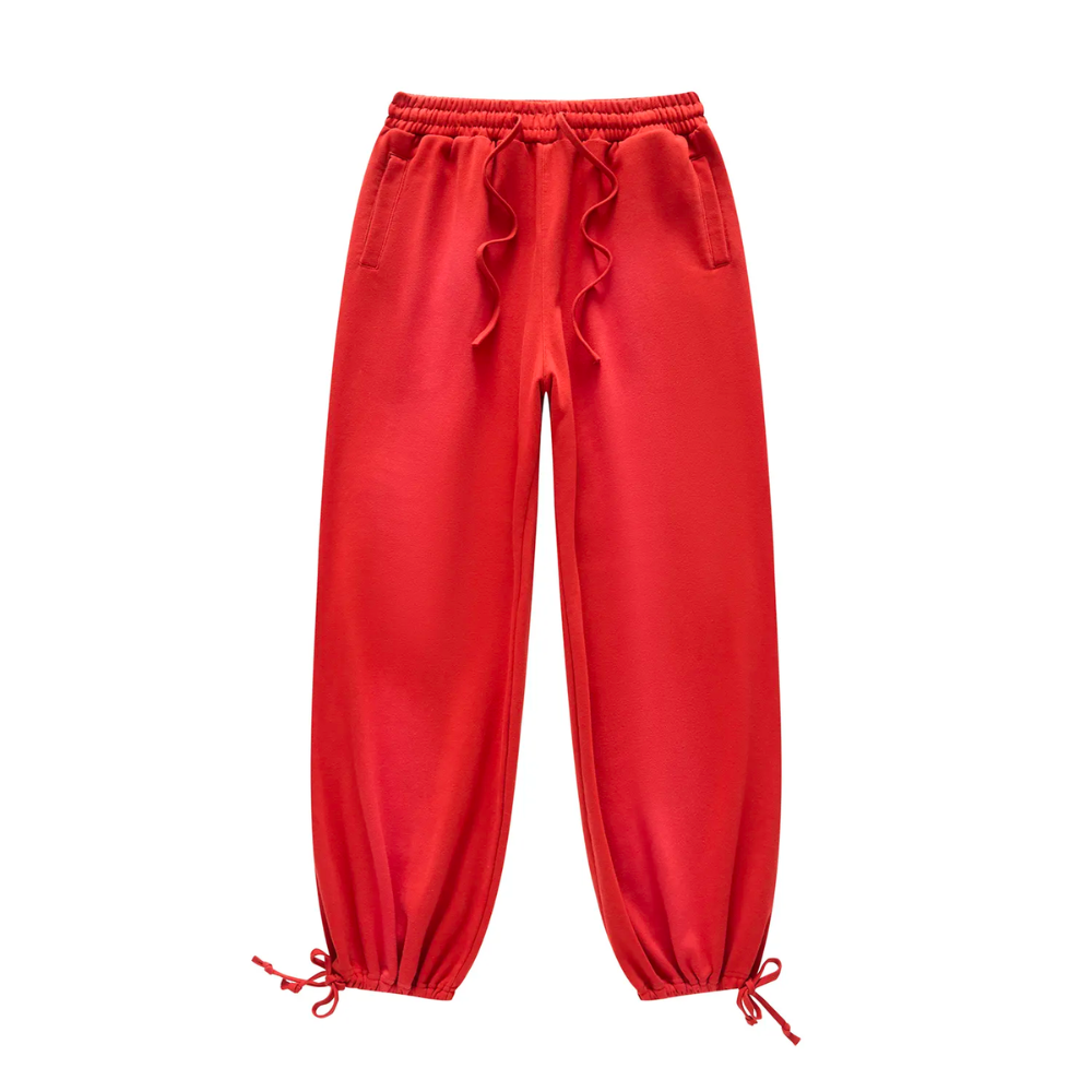 Women Red Fleece Baggy Joggers