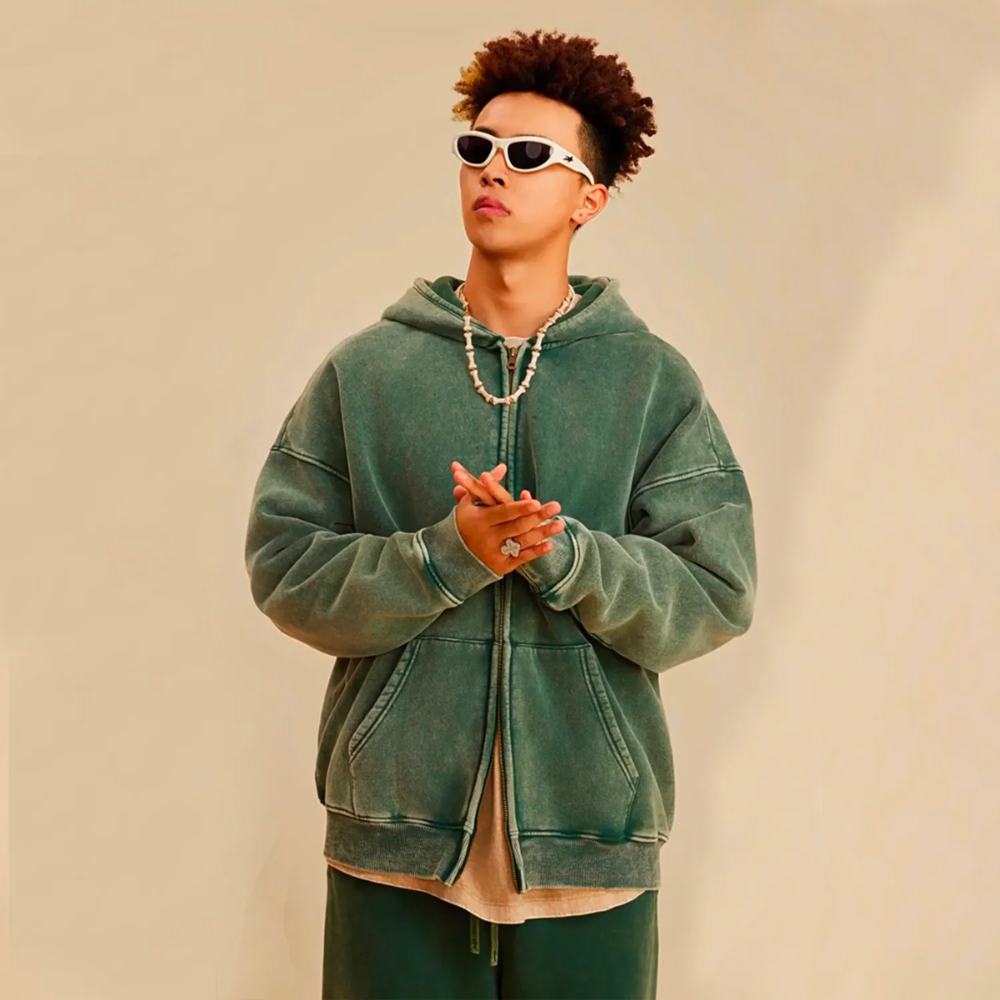 Olivegreen Washed Zip Fleece Hoodie