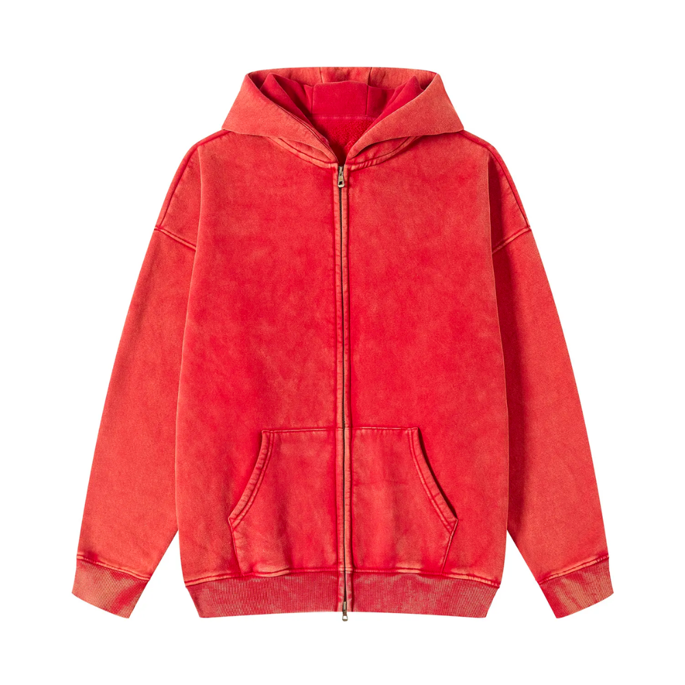 Red Washed Zip Fleece Hoodie