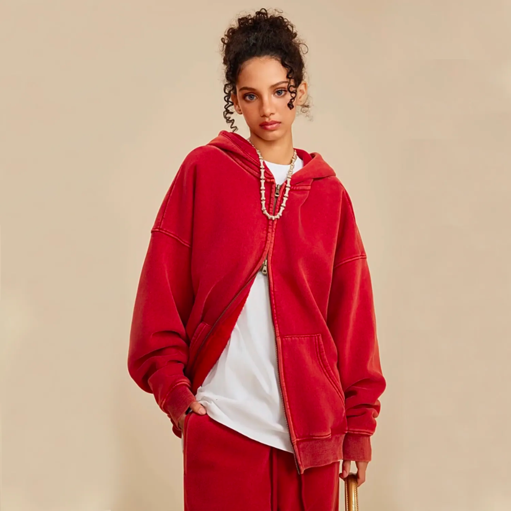 Red Washed Zip Fleece Hoodie