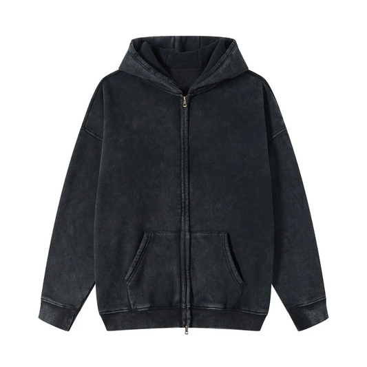 Black Washed Zip Fleece Hoodie