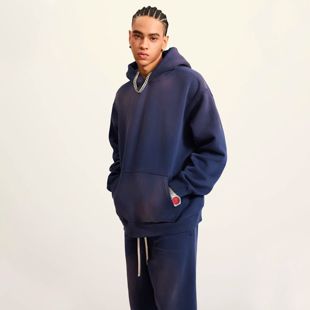 Marineblue Washed Dyed Fleece Hoodie